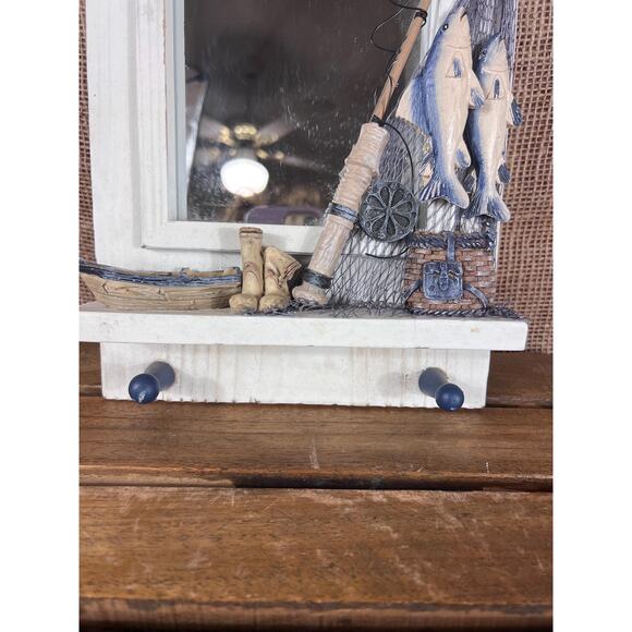 Wood Nautical “Gone Fishing” Theme Mirror with 2 Hanger Shelf~Bathroom Decor - Picture 3 of 9